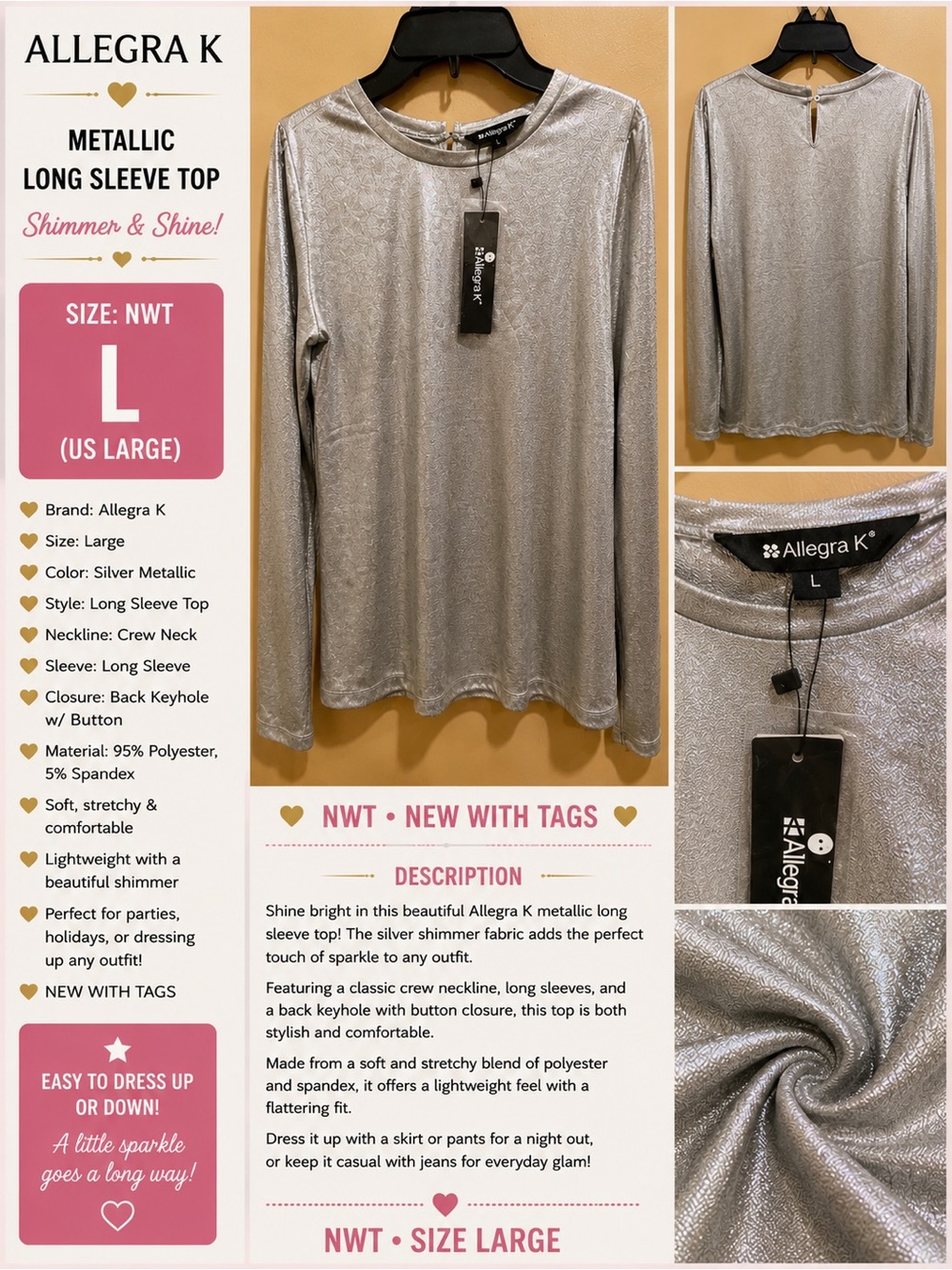 Allegra K Silver Metallic Long Sleeve Shimmer Top